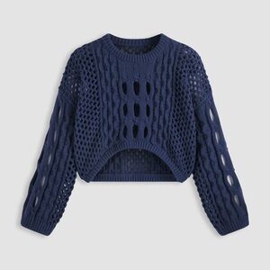 Knit Round Neckline Hollow Out Long Sleeve Top - Navy Blue